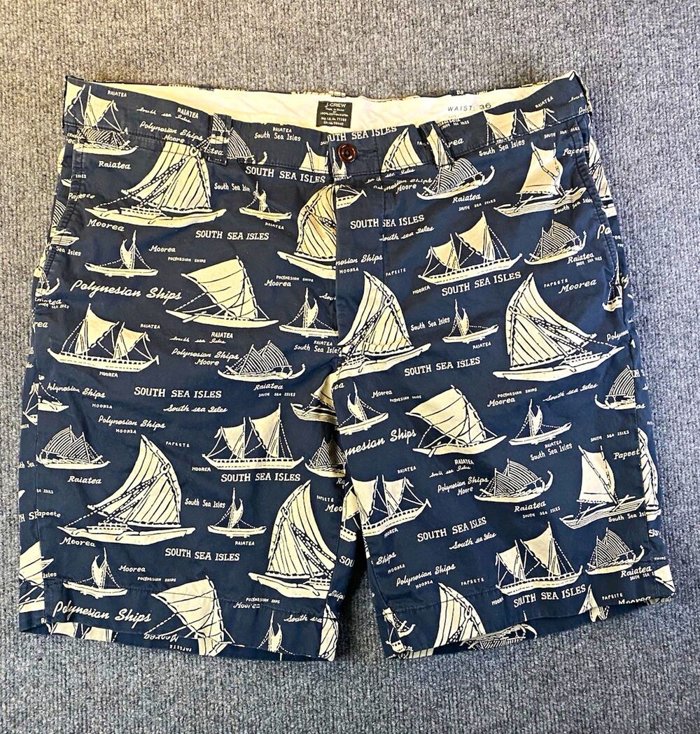 VTG J.Crew "South Sea Isles" nautical print Sz 36 Chino Shorts Sailboat